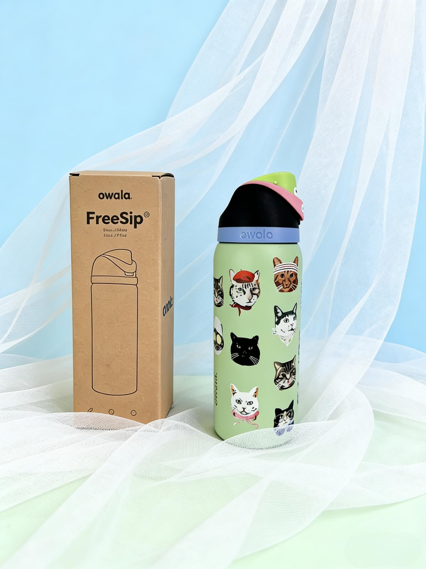 Owala 32oz Style Insulated Stainless Steel   with Straw Lid, Leak-Proof BPA-Free Cute Cat Print Reusable Flask, 32oz Fun Cat Face   for School, Travel, Hiking, Cat Lovers vaso 30 oz drinking water large capacity vacuum flask black drinkware bottle gourd