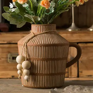 Rustic Farmhouse Vase with Handle and Boho Wooden Beads - Terracotta Vase with Vertical Stripes for  Home Decor