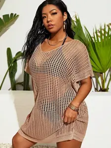 Plus Size Knitted Beach Cover-Up Dress | Solid Color Hollow Out Summer Swimwear