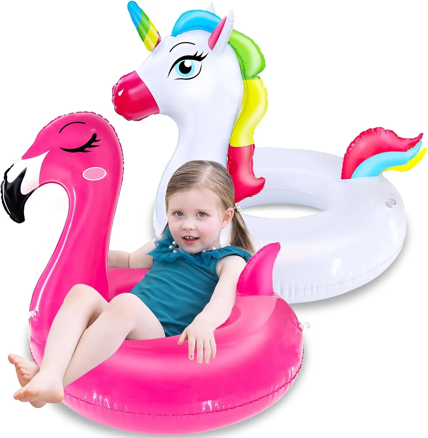 2 Pack Inflatable Flamingo Unicorn Pool Floats for Kids 3-8 Years - Fun Floaties Swimming Pool Tubes Party Decorations, Summer Vacation Beach Swim Rings Lounger for Boys Girls
