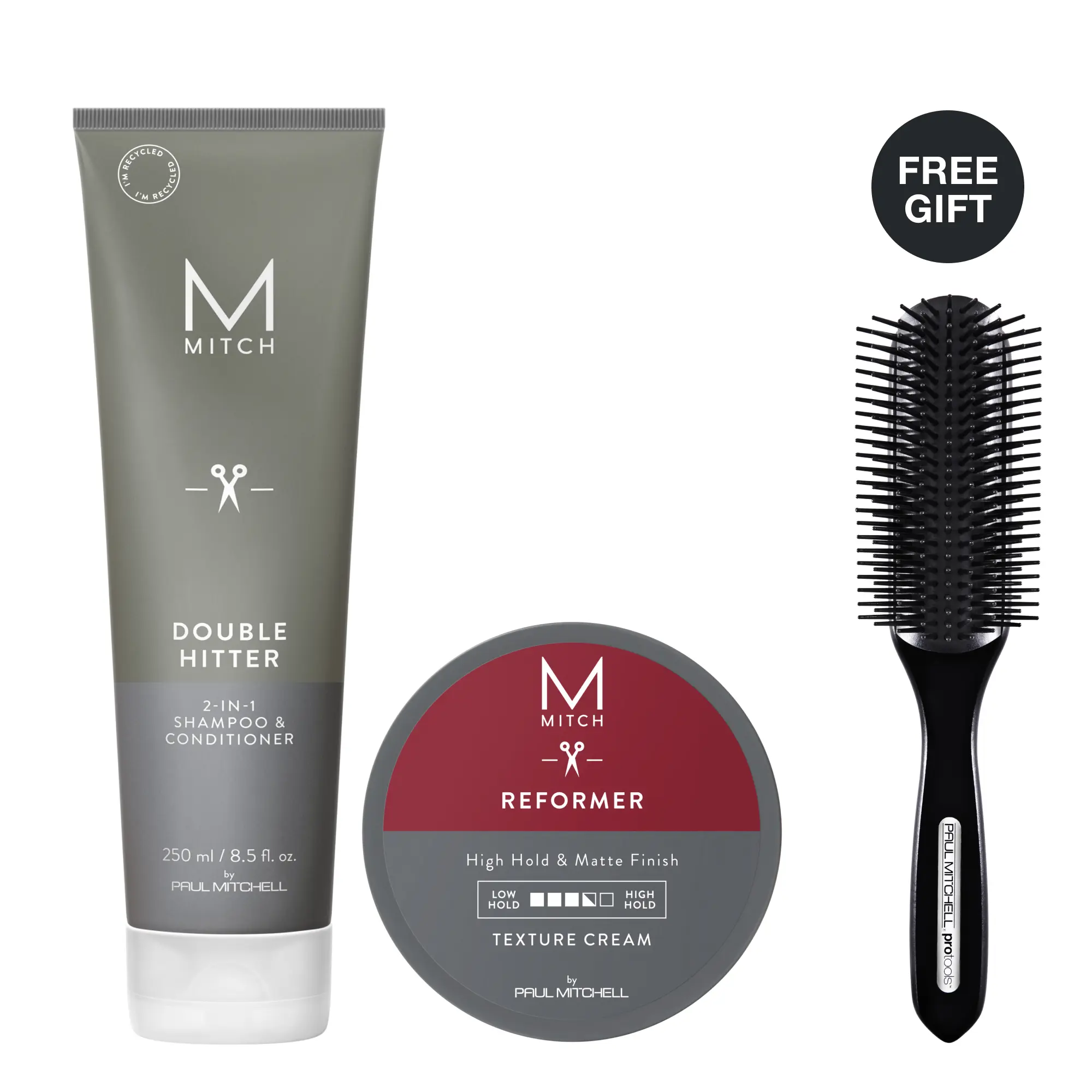 MITCH by Paul Mitchell Wash & Lock Set for Men – Double Hitter 2-in-1 Shampoo & Conditioner and Reformer Texture Cream with FREE 407 Styling Brush*