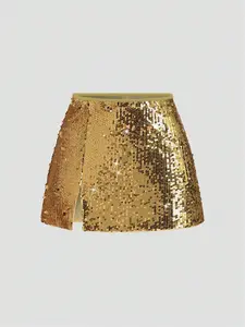 Women's Fashion Design Gold Sequin Midi Skirt with Side Slit, gorgeous and stylish silhouette, versatile for casual outings, getaways, parties, gatherings, music festivals, dates, proms and various occasions