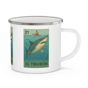 Shark Lotería Enamel Camping Mug (El Tiburón) (12oz - small) Drinkware Lightweight