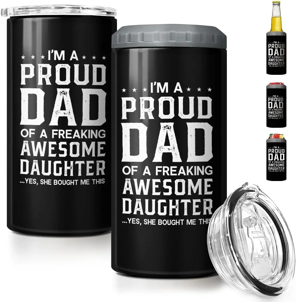 4-in-1 Dad Tumbler Gifts for Dad from Daughter - 12oz Funny Proud Dad Can Cooler Tumblers Cup - Stainless Steel Insulated Cans Coozie Travel Mug Christmas, Birthday, Father's Day Gift