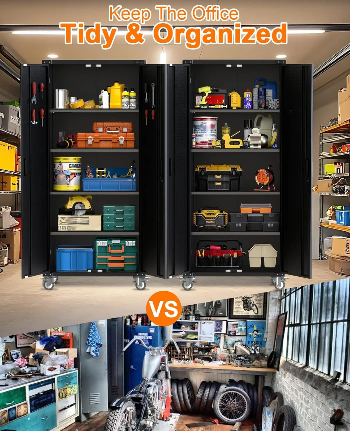 72-In Metal Garage Tool Storage Cabinet, Tool Organizer with Lockable Casters, Steel Pegboard, 4 Adjustable Shelves, Magnetic Latch, Rolling Design for Home, Garage Use, Yard Tool Rack