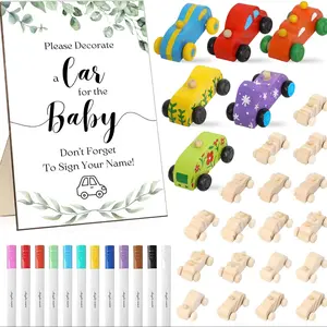 25 Pcs Baby Shower Party Supplies Set, DIY Car Game Sign Kit, 12 Unfinished Car Blocks, 12 Markers, Gender Reveal Birthday Favors, Decor, Party Favors Assortment, Party Event Props