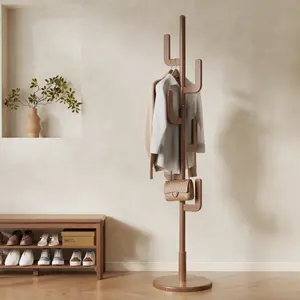【Summer】TimberKnows Solid Wood Cactus Coat Rack – Freestanding Coat Tree with 6 L-Shaped Hooks, 3 Adjustable Heights, and Stable Base, Walnut Coat Stand for Entryway, Bedroom, or Living Room