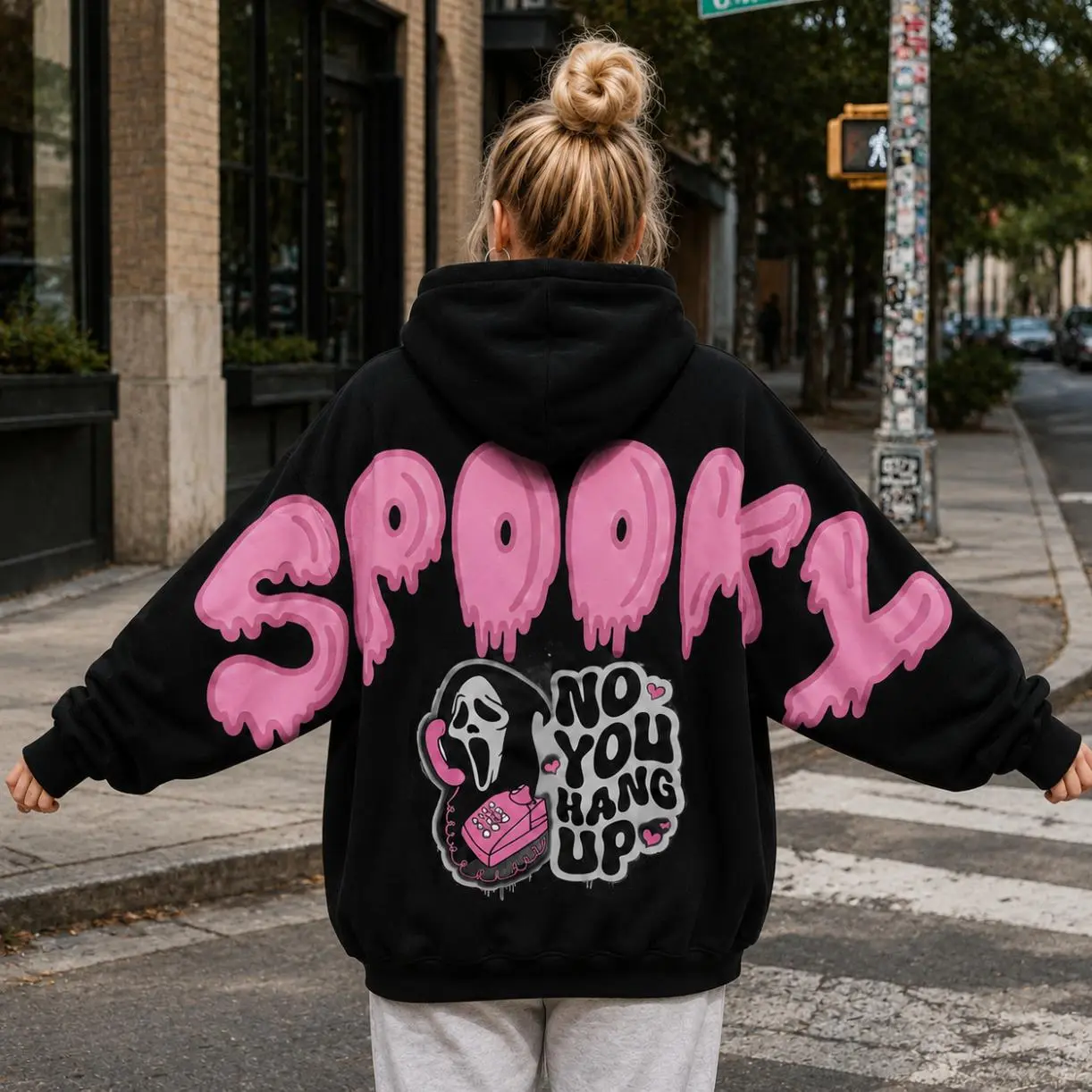 No You Hang Up Ghost Face Shoulder-to-Shoulder Back Lettering Sweatshirt Hoodie, Funny Horror Movie Hoodie, Cute Spooky Halloween Tee