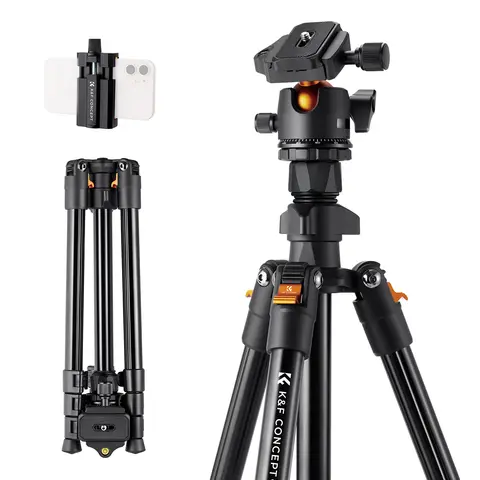 K&F Concept 64in/163cm Adjustable Camera Tripod with 360-Degree Ballhead, Lightweight and Portable Compact Design, 8kg/17.6lbs Load Capacity, Universal Cellphone Clip, Deskmount for Outdoor Travel Vlog (O234A1+BH-36) Camera Accessories