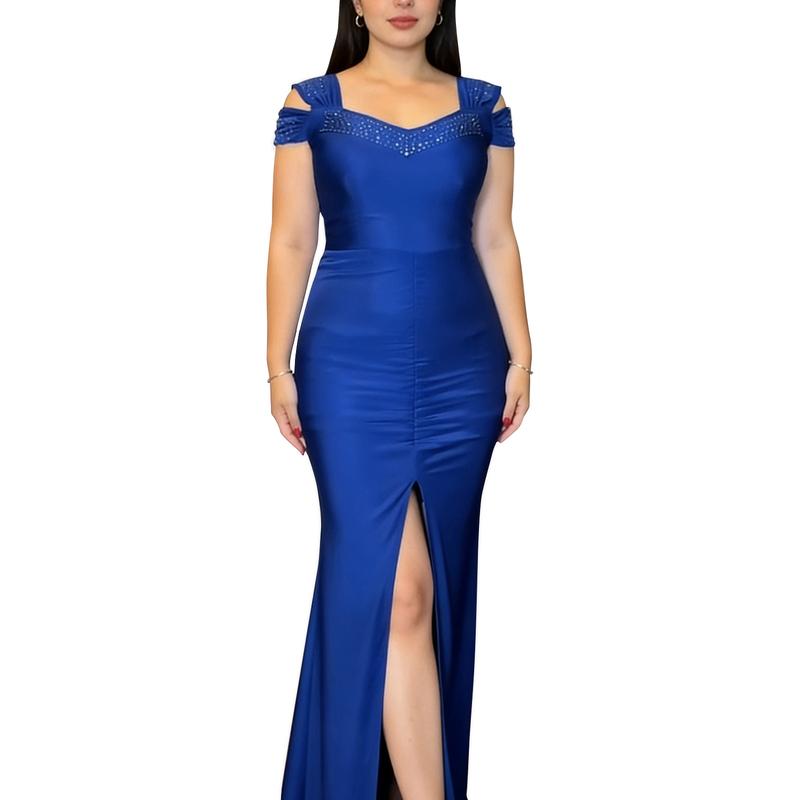 Women's elegant hot diamond off-shoulder slim high waist hip-wrapped slit dress  valentine's day outfit