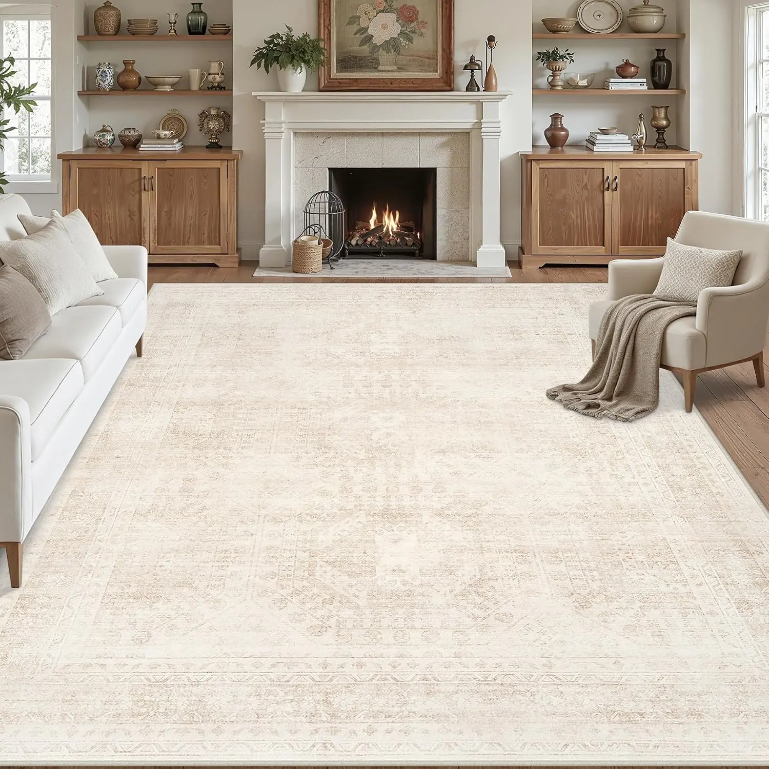 8x10 Area Rugs Living Room: Bedroom Neutral Washable Carpet Beige | Large Vintage Boho Indoor Decor Carpets Soft Nursery Farmhouse Dining Room Office Floor Non-Slip Low Pile Under Table Rug