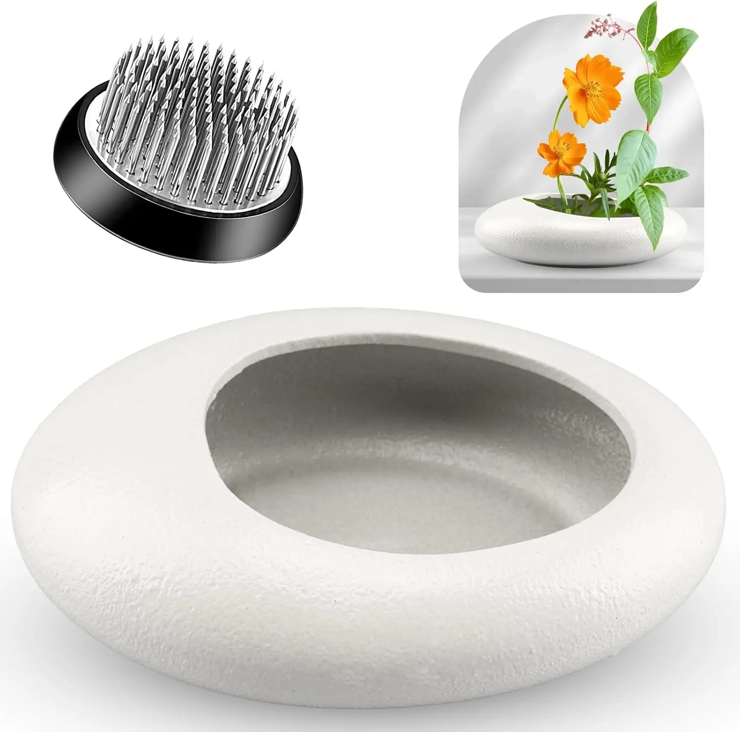 Ikebana Flower Frog Vase Set, 1.57in Stainless Steel Florist Frog for Arrangements and Ceramic Water Drop Pot, Elegant Ikebana Flower Holder for Cut Flowers, Floral Decor Kit(White Small Size)