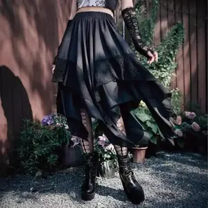 New dark goth punk style, Spice Girl lace stitching handkerchief hem skirt women Summer Fit Beach Bohemian(Sheet)