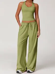 Women's Halter Back Running Sports Set, Workout Set, High Elasticity Wide Leg Pants, Quick-Dry Breathable Yoga Outfit, Casual Fitted Suit