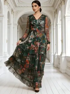 Middle East Plus Size Women's New French Gentle Style V-Neck Long Sleeve High Waist Slimming Chiffon Floral Dress Womenswear