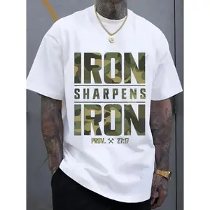 Men's Oversized 100% Cotton Graphic T-Shirt - "IRON SHARPENS IRON" & Proverbs 27:17 Bible Verse Design | Geometric Print Camouflage Pattern | Casual Streetwear Tee | Breathable Summer Top | Machine Washable | Durable Fabric