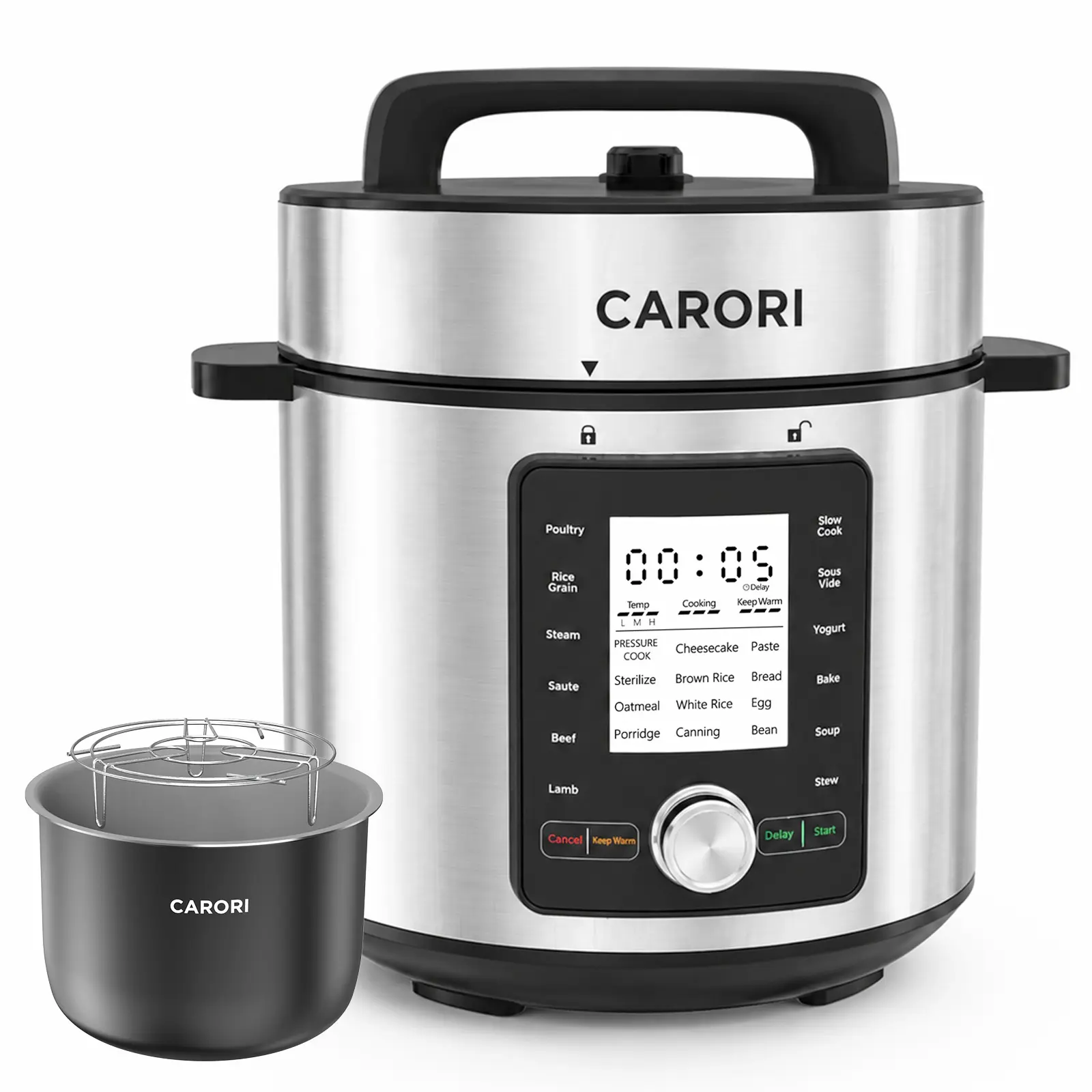 CARORI Compact 6 Qt Electric Multi-Cooker - 24-Program, Touch & Dial Controls, Ceramic Nonstick Pot, 1000W, Silver, Portable Rice & Pressure Cooker, Touch Controls