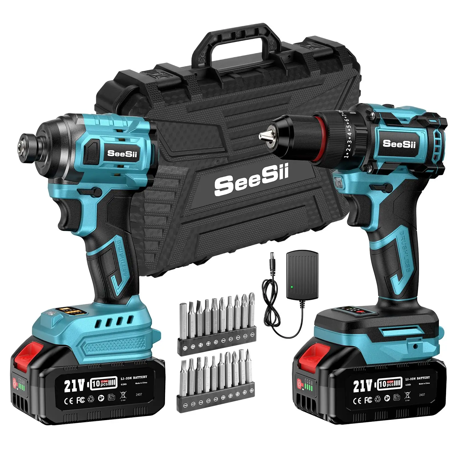 Seesii 3/8'' Brushless Cordless Drill and 1/4'' Impact Driver Combo Kit with 2 Batteries, 21V Max Electric Brushless Power Tool Set with Fast Charger,