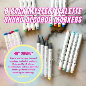 8-Pack Mystery Pallette of Ohuhu Alcohol Markers with Brush Tips + Wook Books Holographic Marker Bag