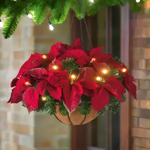 Realistic Artificial Hanging Basket, UV Resistant Outdoor Indoor Christmas Decoration, Dot Ground Flower, No Power Needed, All Weather Plastic, Outdoor Decoration Light