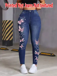 Printed Legging - Not Denim Fabric, Women's Imitation Denim Skinny Pants, Denim Print Design, Stylish Comfortable Fit for Everyday Wear