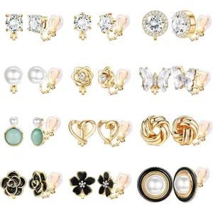 FASACCO 12pairs Clip on Earrings for Women Sparklrd Crystal Clip Earrings CZ Cute Butterfly Flower Pearl Clip on Stud Earrings Non Piercing Jewelry Summervibes