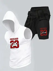 Men's Sleeveless Hooded Vest Set, Chicago 23 Print, Casual Sports Fitness Style, Breathable Elastic Fabric, Gym Training & Streetwear, Sportswear Set