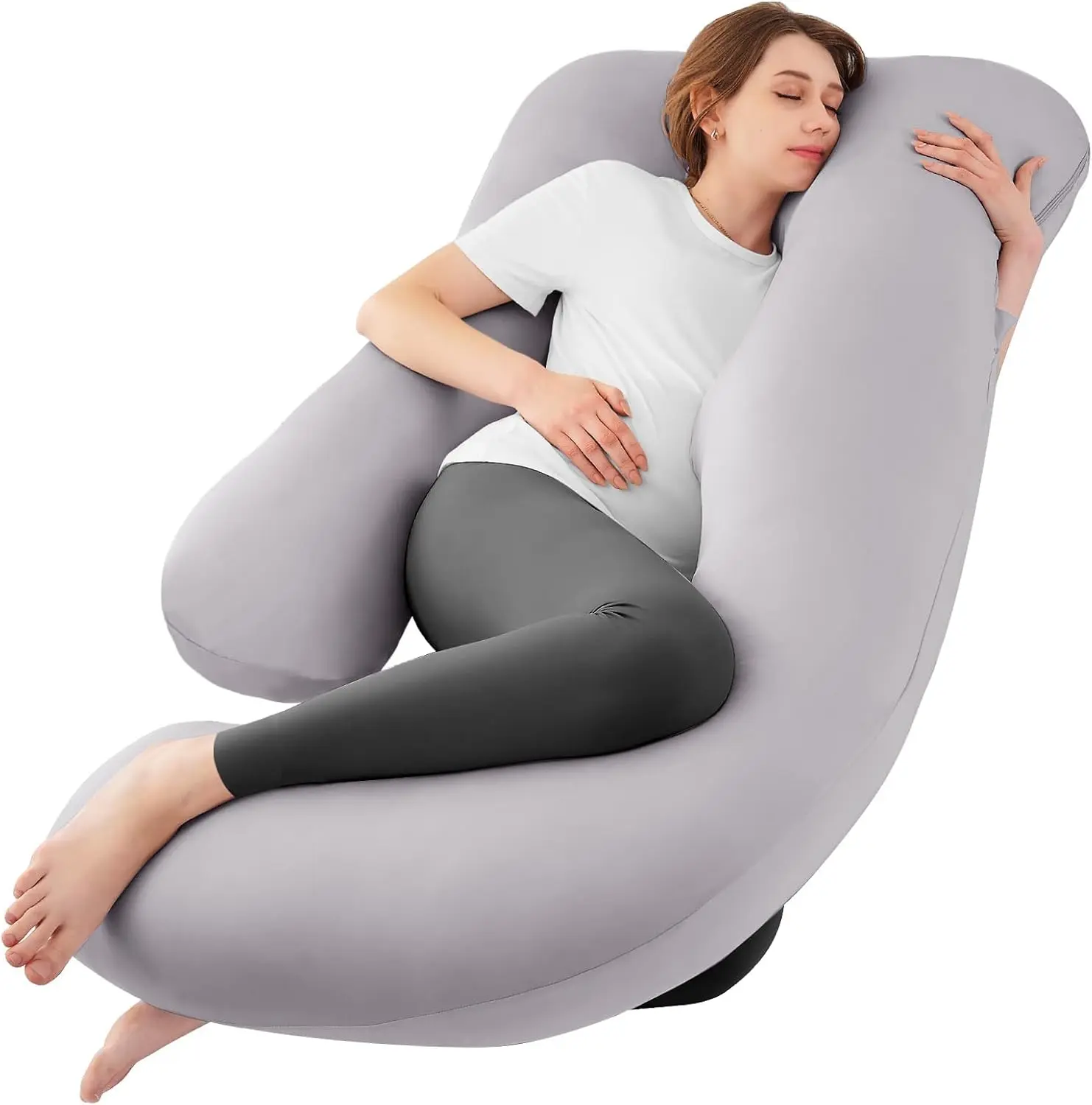 Pregnancy Pillows for Sleeping, U Shaped Cooling Full Body Pillow Pregnancy Must Haves, Maternity Pillow for Pregnant Women, Pillow with Removable Cover for Side Sleeper, Light Grey