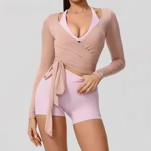 Summer Women's Yoga Shirt Long Sleeve Sportswear Gym Breathable Quick-Dry Sports Top Pilates Dance Ballet Wrap Top