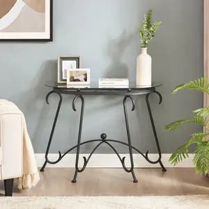 【GOOGREAT】Tempered Glass Surface Console Table Coffee Table with Sturdy Construction for Living Room (Rustic Black)
