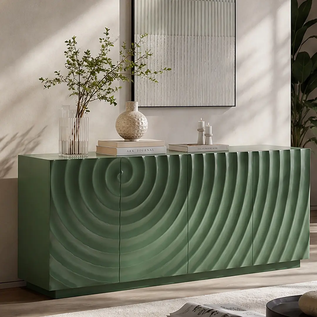 ARCH 59" Green Cabinet Sideboard Buffet - Mid-Century Modern 4-Door Accent Cabinet with 4-Compartment Design, Spiral Texture, Glossy Espresso Finish, Soft-Close Doors, Wood (Particle Board+MDF+Pine) for Dining Room, Living Room, Furniture