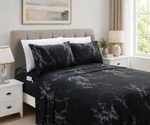 Mocassi Marble Pattern Percale Bed Sheet Set, 1800 Thread Count Hotel Premier with Vibrant Fade-Resistant Finish