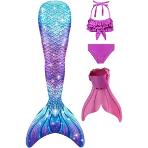 Kids Mermaidtail Swimsuit Set - Polyester Blend, Fish Scale Design, Monofin Included, Open-Close Feature - Quality Bathing Suit for Pool Parties, Cosplay (Sports & Outdoor Water Sports Diving),summervibes
