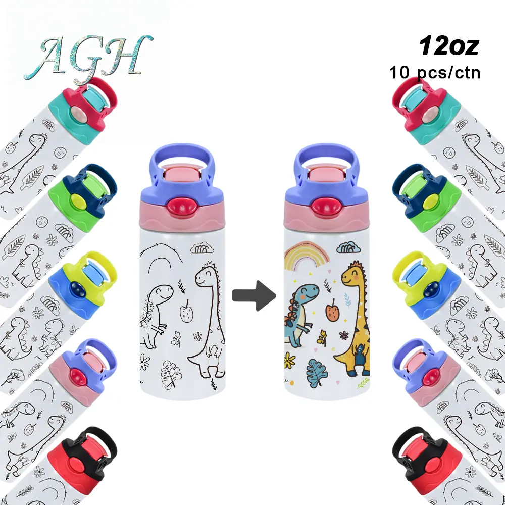 AGH US 10pcs 12OZ ‘Drawing Painting’ cups Stainless steel tumbler with flip handle lids mixed 5-colors, with 12-colors acrylic maker