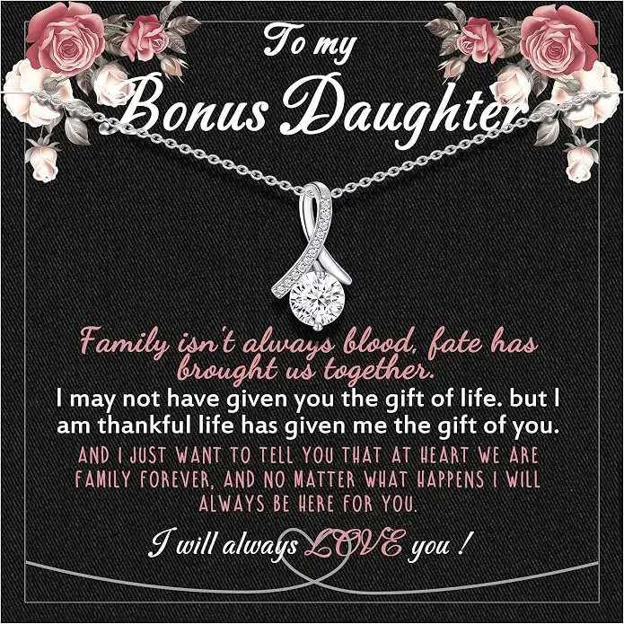 Bonus Daughter Necklace from Stepmom & Stepdad – Elegant Pendant Jewelry with Heartfelt Message Card and Gift Box, Sentimental Stepdaughter Gift for Birthday, Graduation, Christmas, Anniversary, Emotional Jewelry Keepsake Present for Her