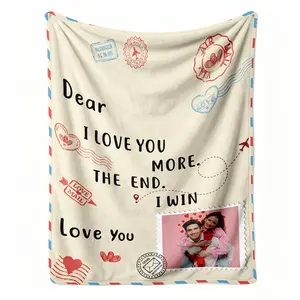 Custom Air Mail Photo Flannel Throw Blanket, Personalized I Love You More Couple Pattern Soft Cozy Warm Nap Blanket for Couch Bedroom, Customized Romantic Gift for Partner, Valentine's Day Anniversary Christmas Birthday Present