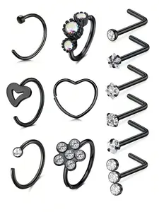 Cute Heart & Flower Decor Nose Rings, Rhinestone Decor L Shaped Nose Hoop Rings, Stainless Steel Nose Rings for Women & Men, Body Piercing Jewelry, Nose Piercings Kit