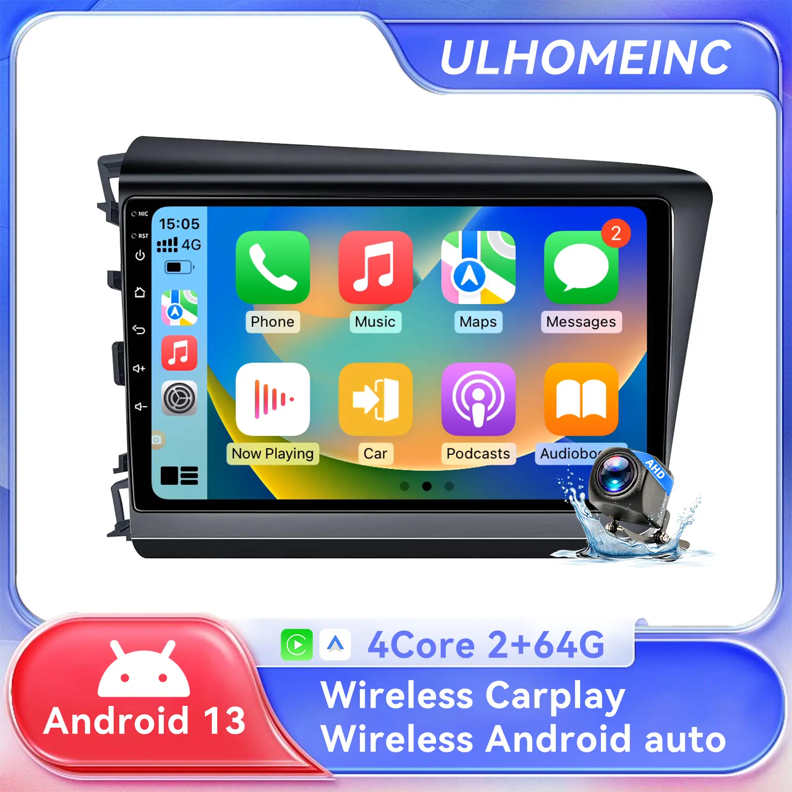 Android 13 Car Stereo Compatible with Honda Civic 2012 2013 2014 2015 with Wireless Carplay&Androidauto, 9" Touchscreen Bluetooth FM/RDS WiFi GPS SWC AHD Backup Camera