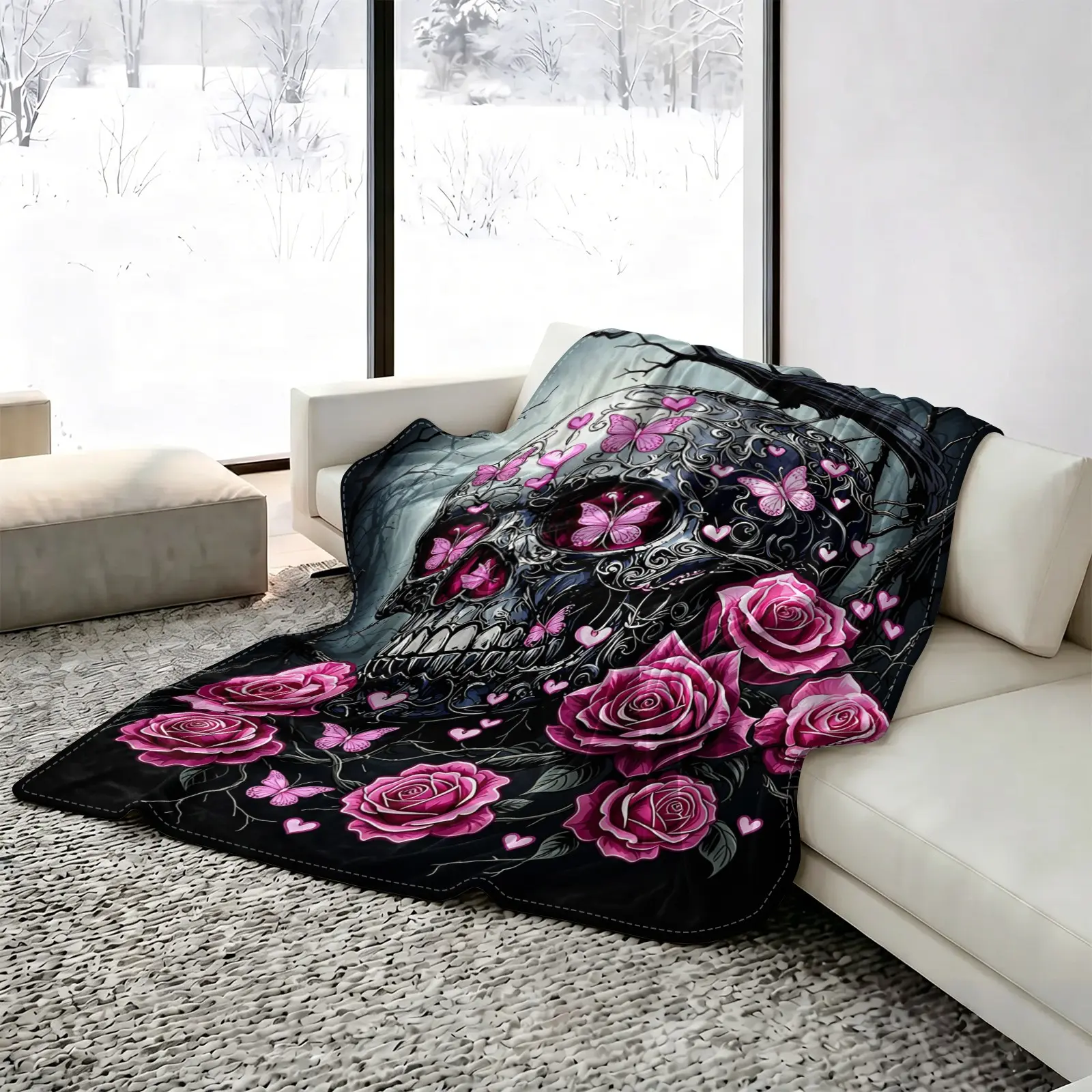 Skull Rose Butterfly Print Cooling Comforter Set, Summer Quilt Bedding Set with Pillowcases, Q-MAX>0.3, Breathable Absorbent Skin-Friendly