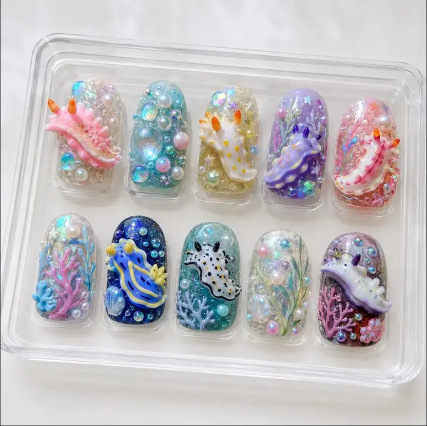 Summer Ocean Press On Nails. 3D Colorful Sea Slug, Marine Creature Jelly Design Set, Handmade Gift For Her