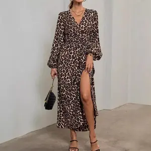New autumn/winter women's lantern sleeve high slit dress, long sleeve V-neck casual A-line flowy party dress