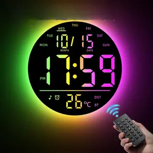 10" Large Circle Digital Wall Clock with Remote Control, Music-Sync, Round clock with RGB Atmosphere Lights with 11 Scenes Mode, Dual Alarms, Timer Clock for ADHD, Focus Tool, Classroom, Game Decor Goods Auto Dst Adjustment