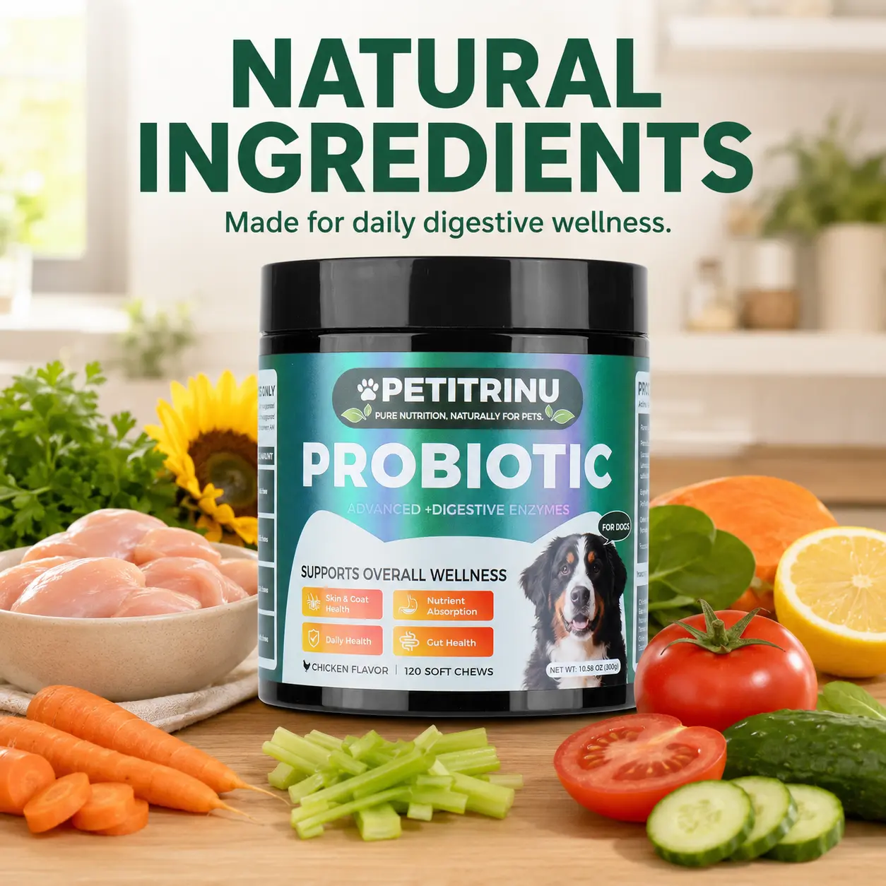 Dog Probiotic Soft Chews with Digestive Enzymes, 120 Count Chicken Flavor, Gut & Nutrient Absorption , Easy-to-Serve for All Dog Sizes, Pet Vitamins &  support supplement immune