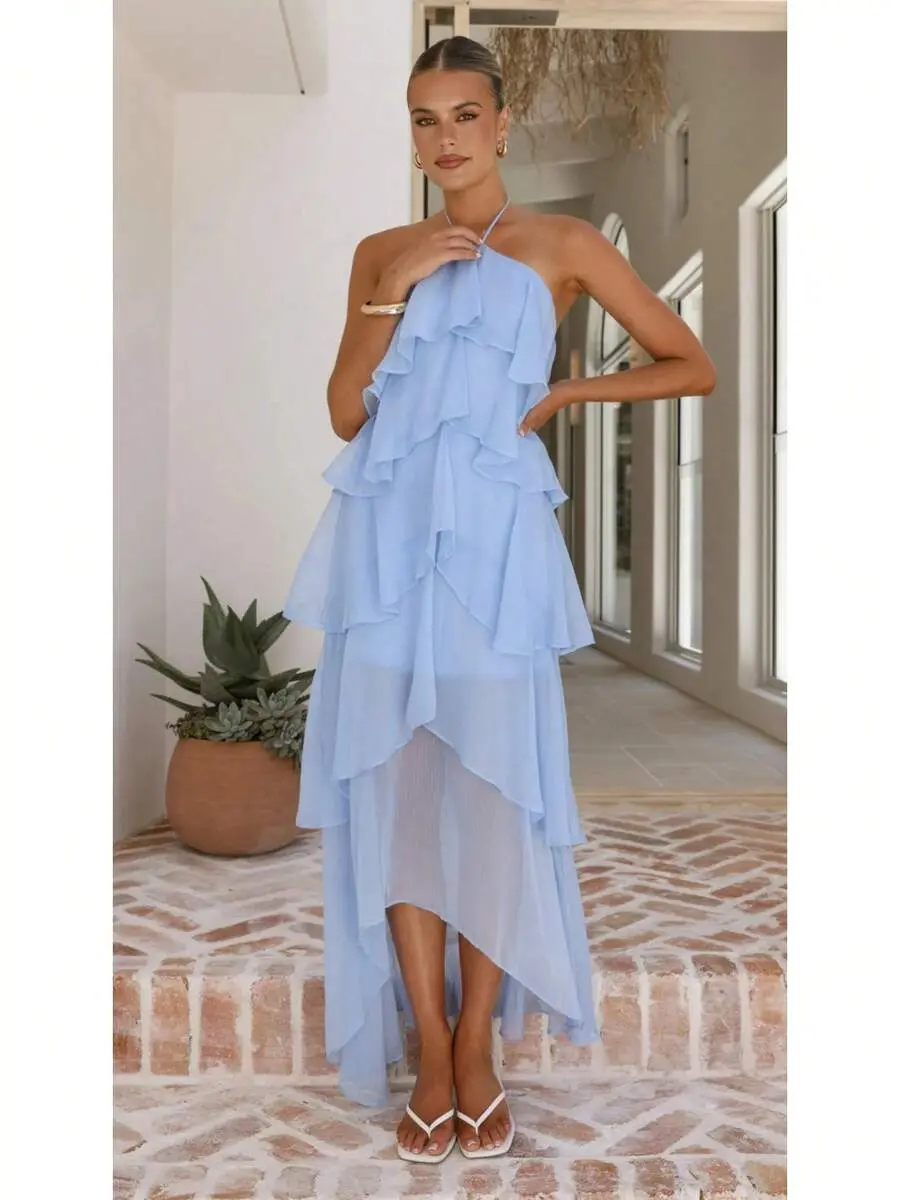 Tiered Halter Chiffon Maxi Dress for Women, Flowy Ruffle High Low Dress, Vacation Wedding Guest Summer Dress