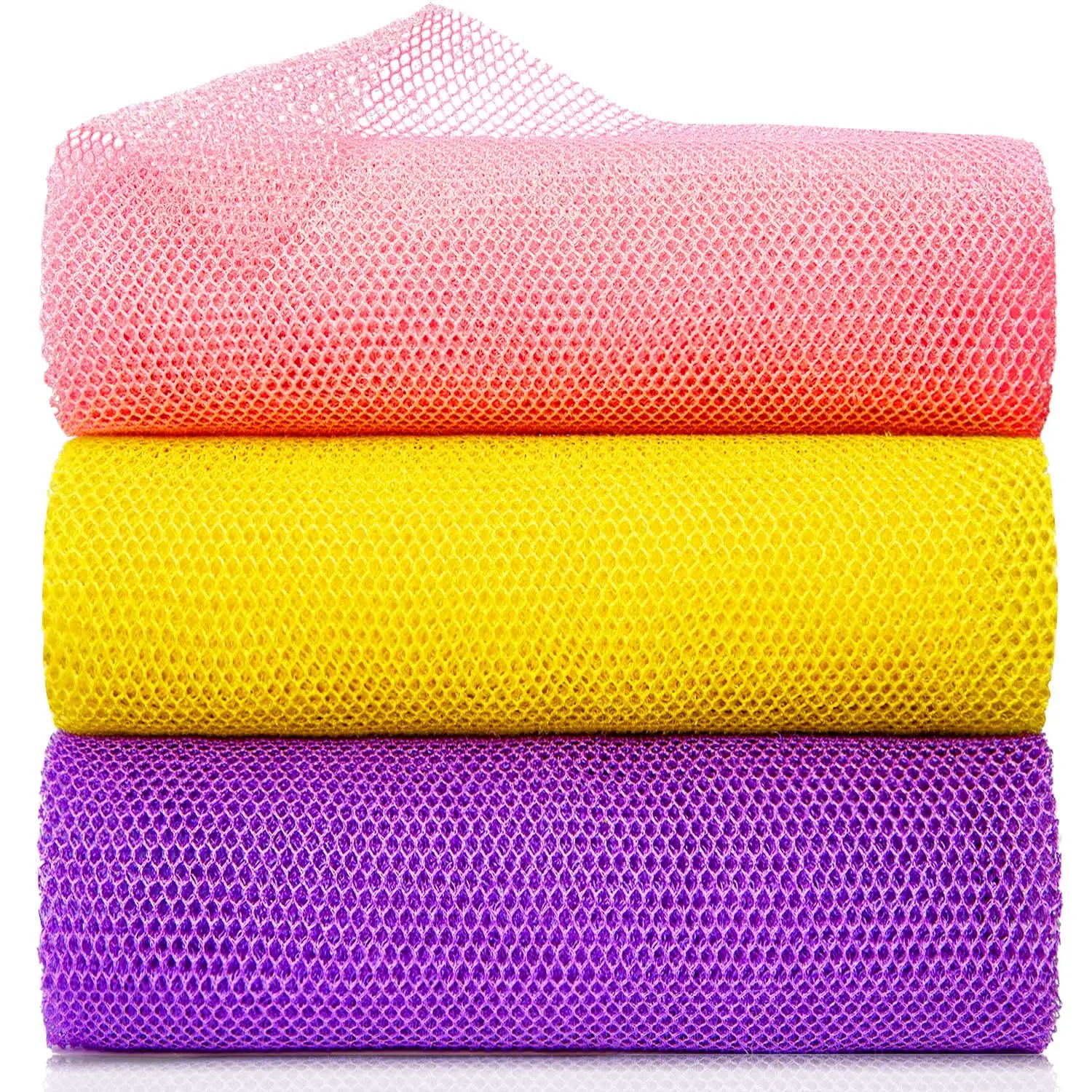 3-Pack African Net Bath Loofahs, Durable Exfoliating Mesh Sponges, Long Body Wash Scrubbers for Back Cleaning, Soap-Compatible for Rich Lather, Bathroom Home Supplies