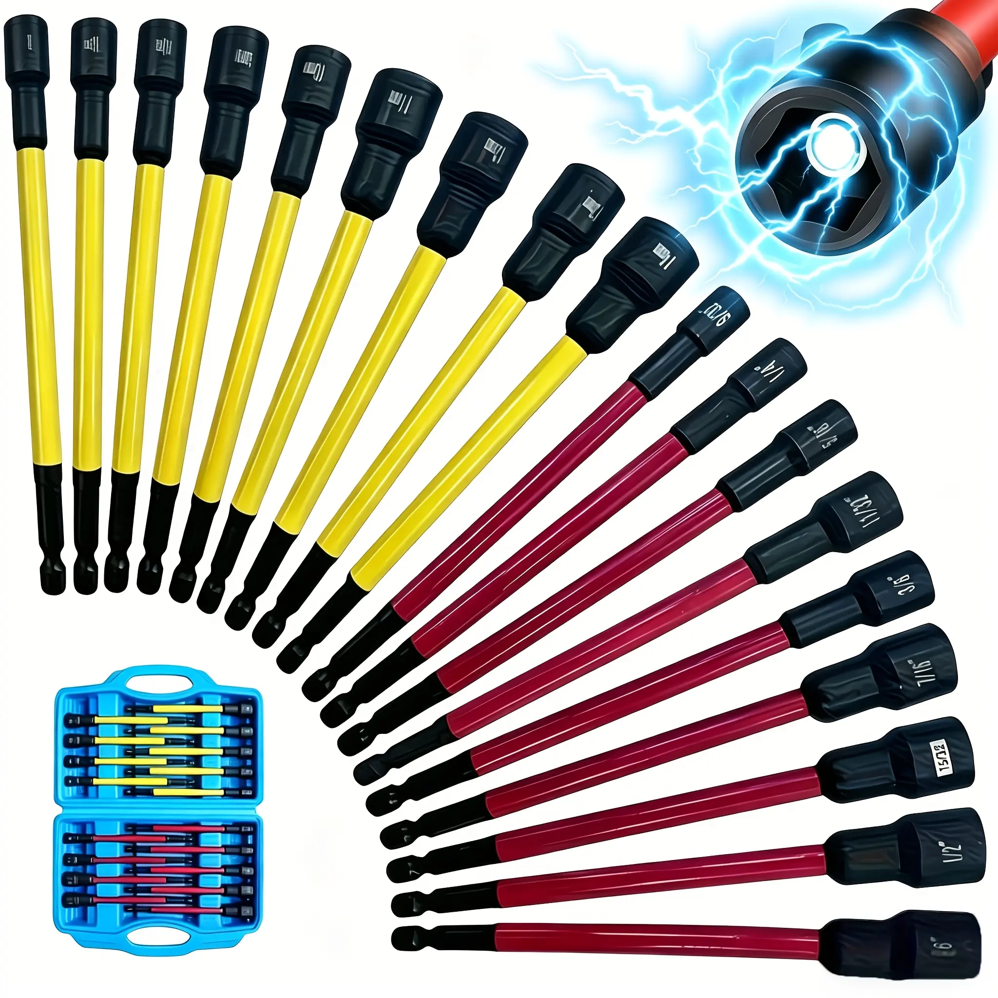 NANWEI 18pcs Set Of Magnetic Nut Wrench, Impact Power Hexagonal Ultra Long Nut Drill Bit, SAE Metric 1/4 Inch, Hexagonal Handle, CrV Steel, Suitable For Daily Use And Maintenance, Practical Gift For Men, Father'S Day Gift