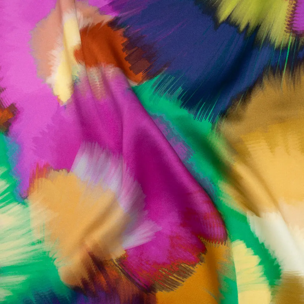 Silk Charmeuse Print 16MM, Made in Italy - Fuchsia, Ochre and Blue Painted Bursts