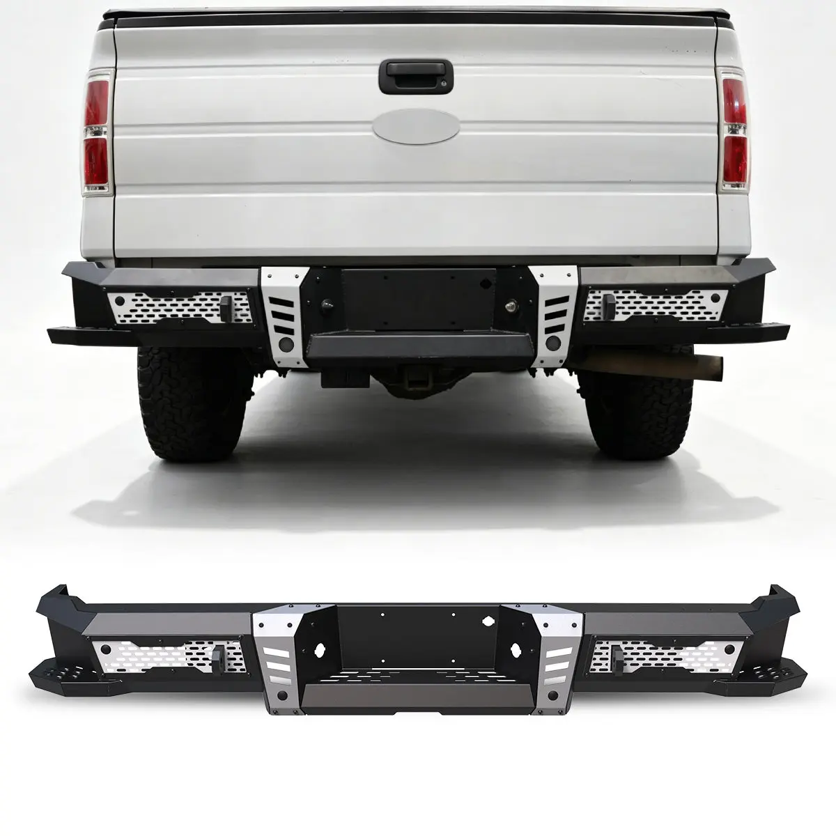 WOLFSTORM 1x Rear Bumper with Pipe Frame for 2006-2014 Ford F-150, 34.65x22.83x13.4 Inch, OEM License Plate Lights, OEM Tow Hitch, Installation Manual, Perfect Fit, DIY Spraying, 1 Set Mounting Hardware, 34.65 X 22.83 X 13.4 Inch