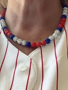 Baseball Necklace with Sparkling Rhinestones, Multicolor Clay Bead Stretch Necklace for Boys and Girls, Cool Hip Hop Gift Idea