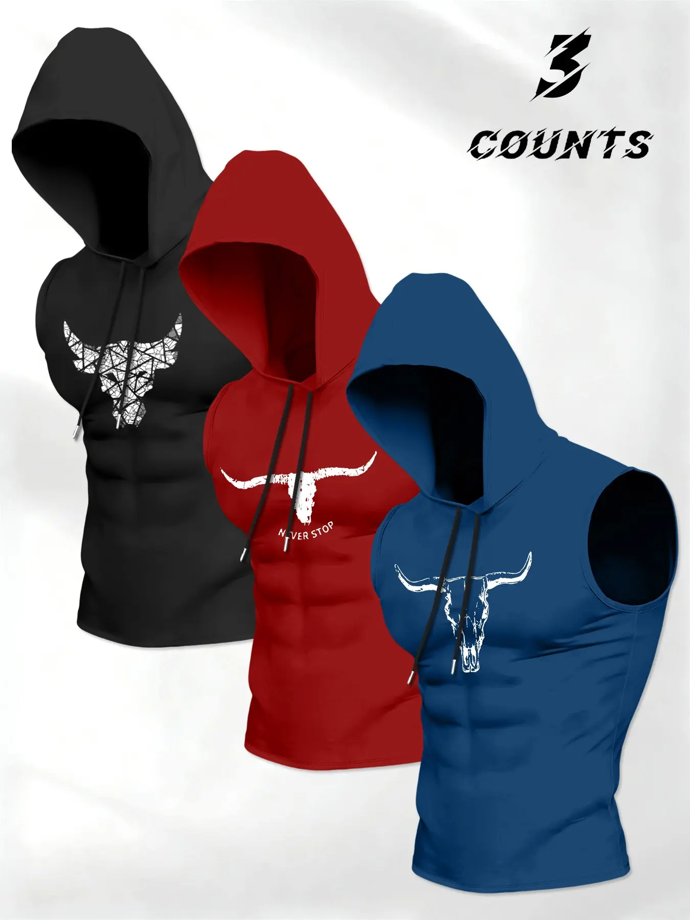Men's Street Style Gym Drawstring Hoodie Set, American Bulldog Pattern Design, Power Sleeveless Sports T-Shirt, 3 Piece Gym Tops, Gym Athletic Clothes, Fitness Sport Top, Gym Apparel